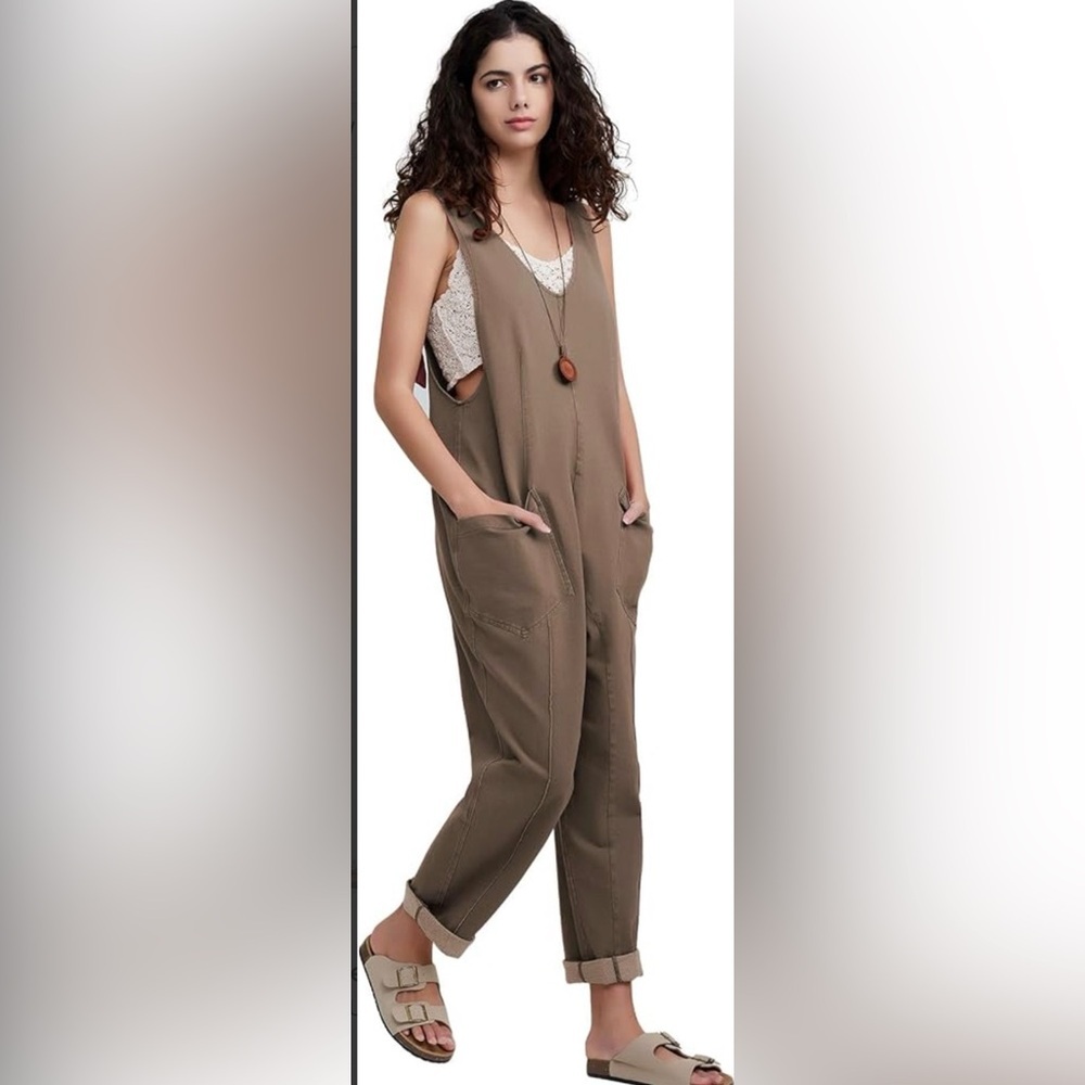 EXLURA JP052 Womens Brown Sleeveless Jumpsuit Wide Leg Casual Pockets Size L